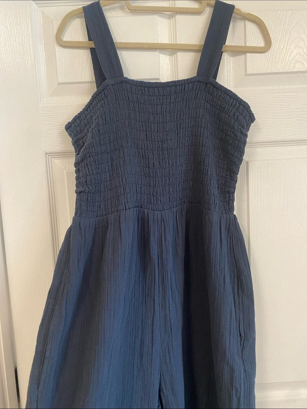 Quince Navy Smocked Strap Wide-Leg Jumpsuit - Picture 3 of 8